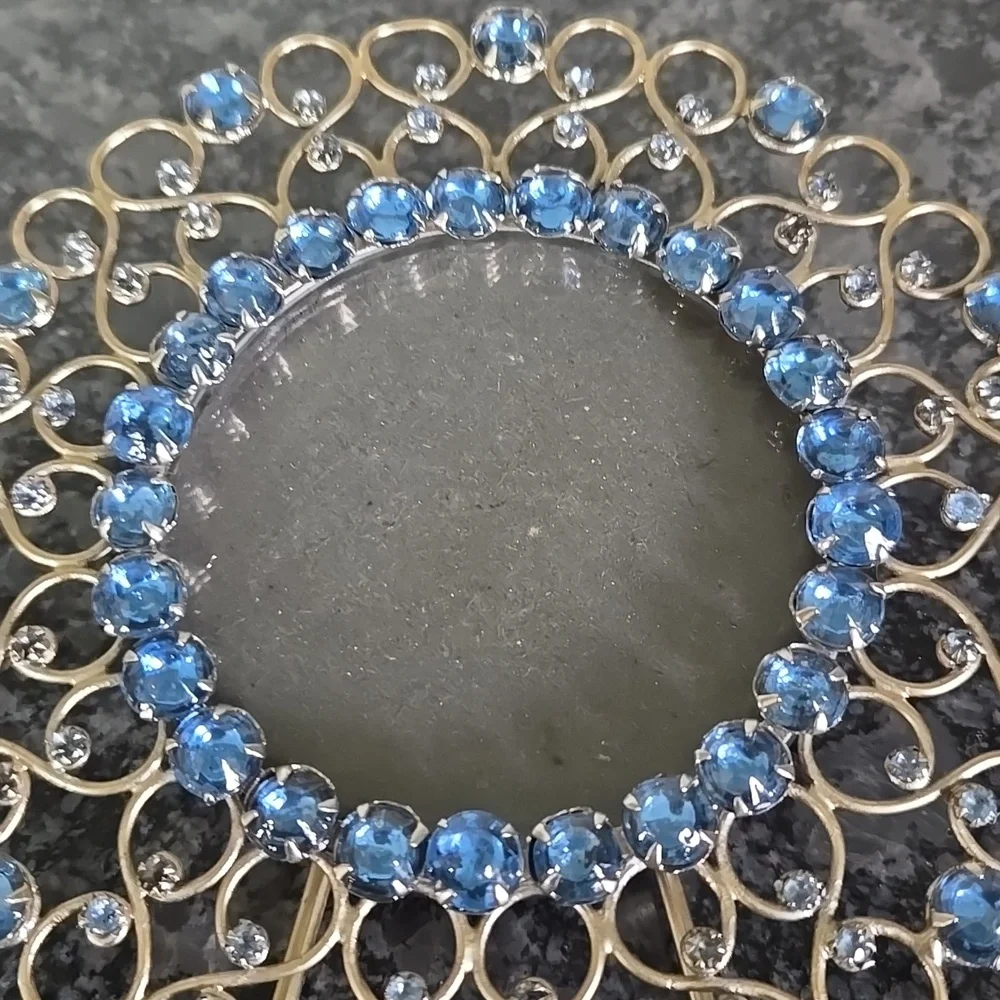 Gold Metal Round Frame Bedazzled with Blue Gem Stones